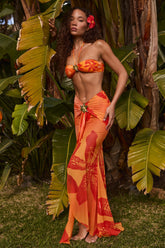 Ruched Hardware-Detail Fishtail Maxi Skirt in Orange Orchid Print